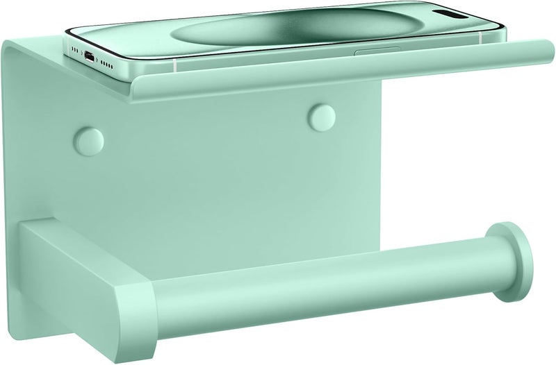 Tindbea Toilet Paper Holder with Phone Shelf, Adhesive or Screw Wall Mount Toilet Tissue Roll Holder, Rustproof & Multifunctional Stainless Steel Bathroom Storage Dispenser (Mint Green) - Image 1